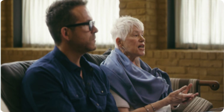Collage of images including Ryan Reynolds with his family, and someone living with Parkinson’s and his wife